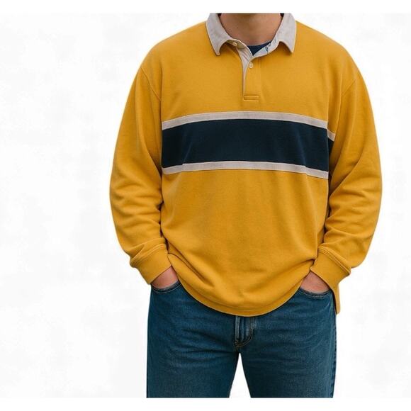 Vtg Y2K Rugby Shirt Mens XXL Yellow Navy Stripe Preppy Cotton Classic Pullover - Picture 1 of 16